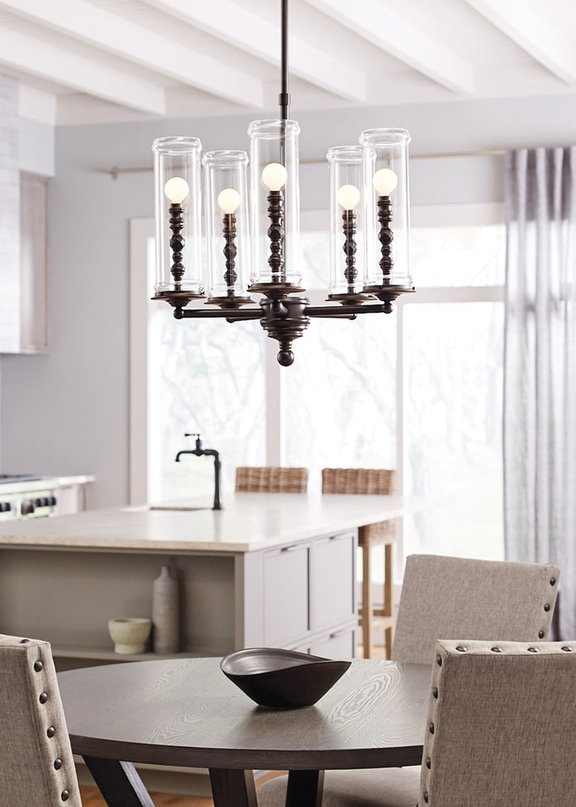 Kohler’s Damask Cloud five-light chandelier.
