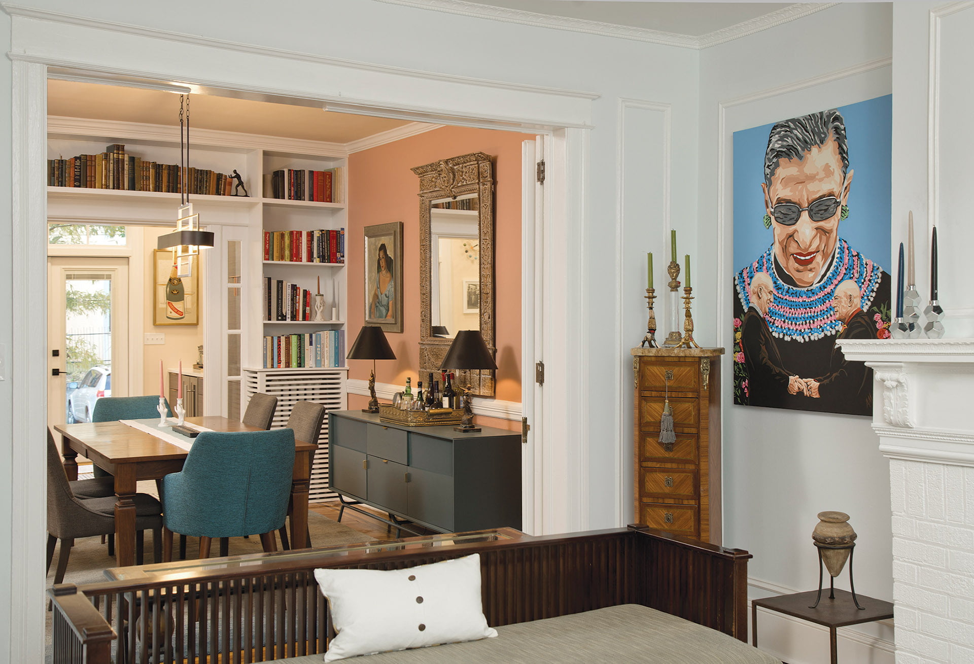 Built-in bookcases and radiator covers in the living room.